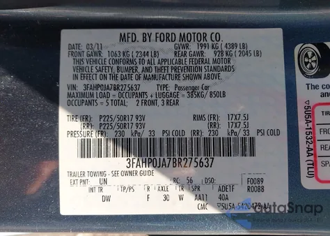 2011 Ford Fusion Sel from USA, damaged, VIN 3FAHP0JA7BR275637